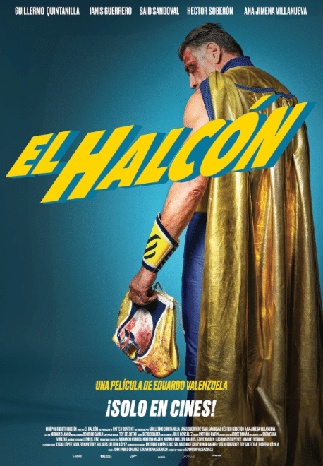 A muscular, older man in a superhero costume with a yellow cape and blue suit faces away, holding a colorful helmet by his side. The text "El Halcón" in bold yellow letters covers the top half of the image. The bottom section includes actor names and release information in Spanish.