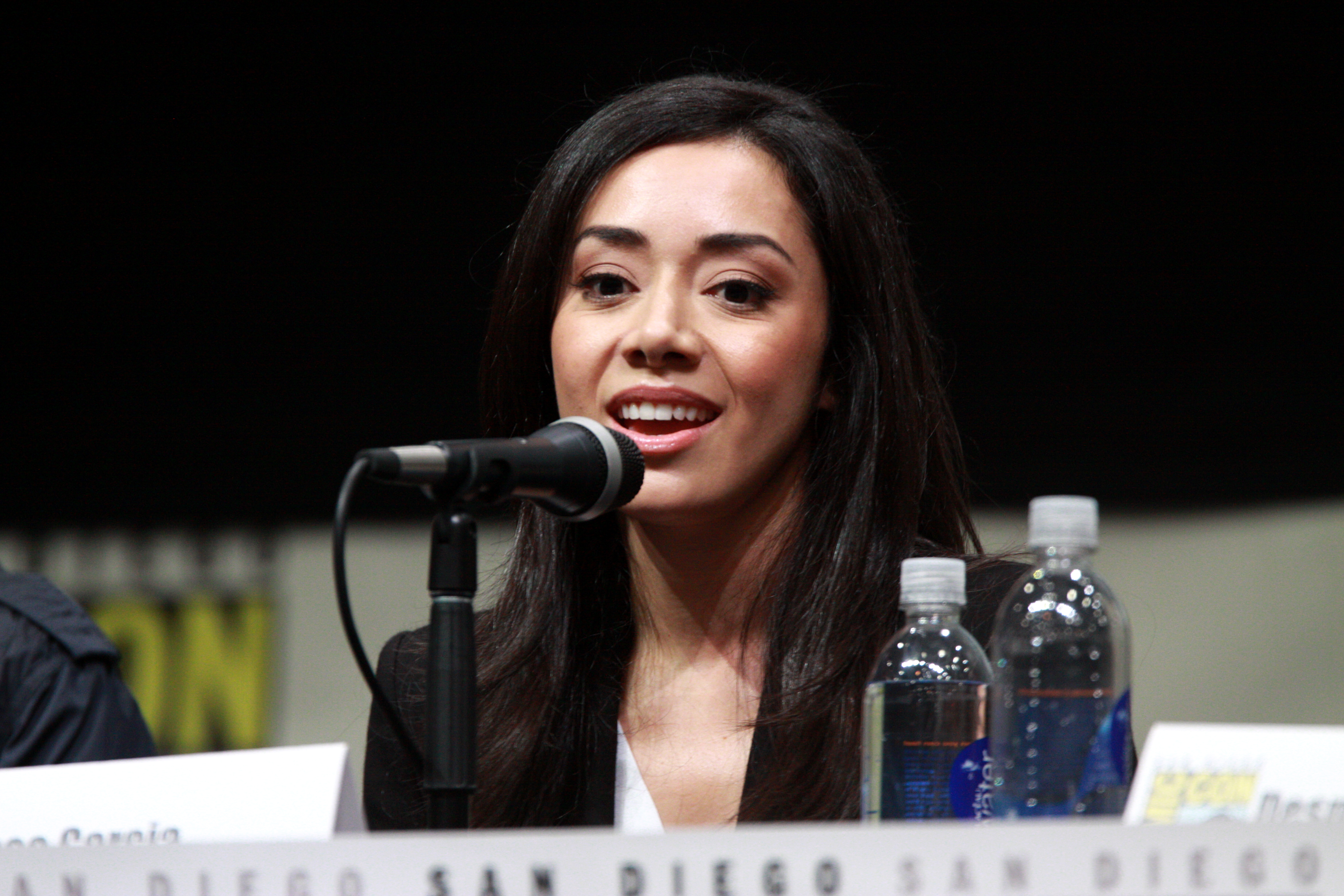 Aimee Garcia, A woman with long dark hair speaks into a microphone at a panel event. She is wearing a black jacket and white top. There are two water bottles and a nameplate in front of her. A blurred logo is visible in the background, suggesting the event might be a convention or public speaking occasion.