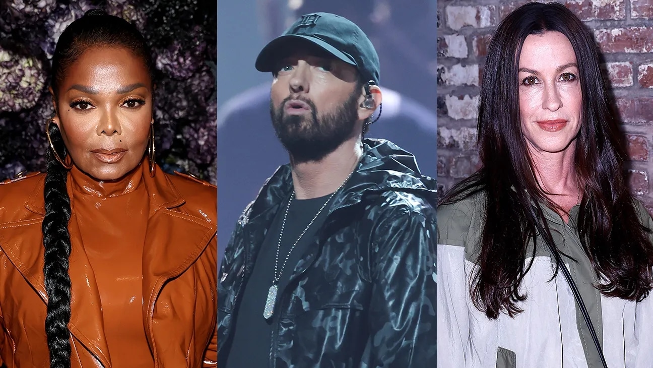 Three individuals are pictured in separate sections. On the left, Janet Jackson, a person in a brown jacket with a long braid stands against a dark background. In the middle, Eminem, a person wearing a black cap and jacket appears to be speaking or singing. On the right, Alanis Morissette, a person with long brown hair wears a light-colored jacket.