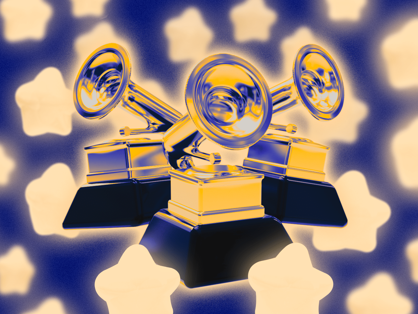 Three stylized golden gramophone trophies with black bases are prominently displayed against a background featuring soft, glowing star shapes. The image is rendered in a vibrant blue and gold color scheme, giving it a striking and artistic appearance.