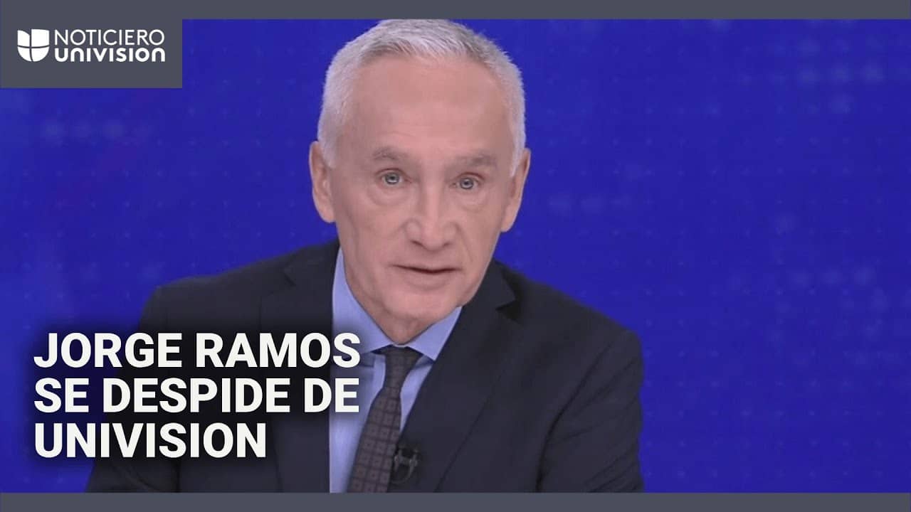 A news broadcast screenshot shows Jorge Ramos, a man with gray hair in a suit speaking against a blue background. The text overlay reads "Jorge Ramos se despide de Univision" and the Univision logo is in the top-left corner.