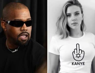 A composite image shows a man on the left wearing black sunglasses and a dark shirt, speaking, with a neutral expression. On the right, a woman in a T-shirt with a middle finger graphic featuring a star and the word "Kanye" below. The background is plain.