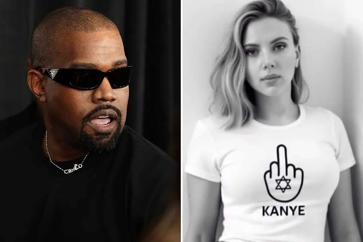 A composite image shows a man on the left wearing black sunglasses and a dark shirt, speaking, with a neutral expression. On the right, a woman in a T-shirt with a middle finger graphic featuring a star and the word "Kanye" below. The background is plain.