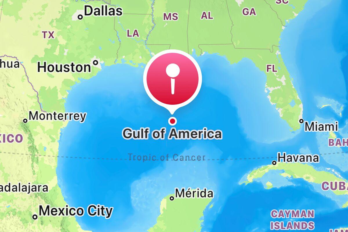 Map showing the Gulf of Mexico labeled as "Gulf of America," surrounded by parts of the southern United States, eastern Mexico, and the Caribbean. Notable cities include Houston, Miami, and Havana. A red map pin is placed in the center with a dotted Tropic of Cancer line below.