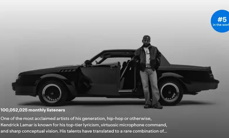 In a black and white image, a man stands by a sleek vintage car with open doors, donning casual attire. A large blue circle announces "#5 in the world," as text below celebrates his GNX album dominating charts, following Kendrick Lamar's triple album record success.