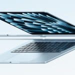 A sleek MacBook Air M4 is shown in two perspectives, slightly angled and partially opened. The screen displays a blue pattern resembling feathers, emphasizing its sky blue design. The visible keyboard complements the thin, modern build set against a light blue background, promising faster performance.