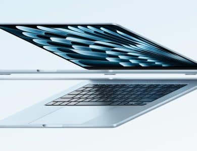 A sleek MacBook Air M4 is shown in two perspectives, slightly angled and partially opened. The screen displays a blue pattern resembling feathers, emphasizing its sky blue design. The visible keyboard complements the thin, modern build set against a light blue background, promising faster performance.