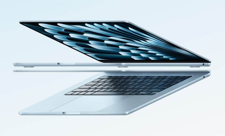 A sleek MacBook Air M4 is shown in two perspectives, slightly angled and partially opened. The screen displays a blue pattern resembling feathers, emphasizing its sky blue design. The visible keyboard complements the thin, modern build set against a light blue background, promising faster performance.