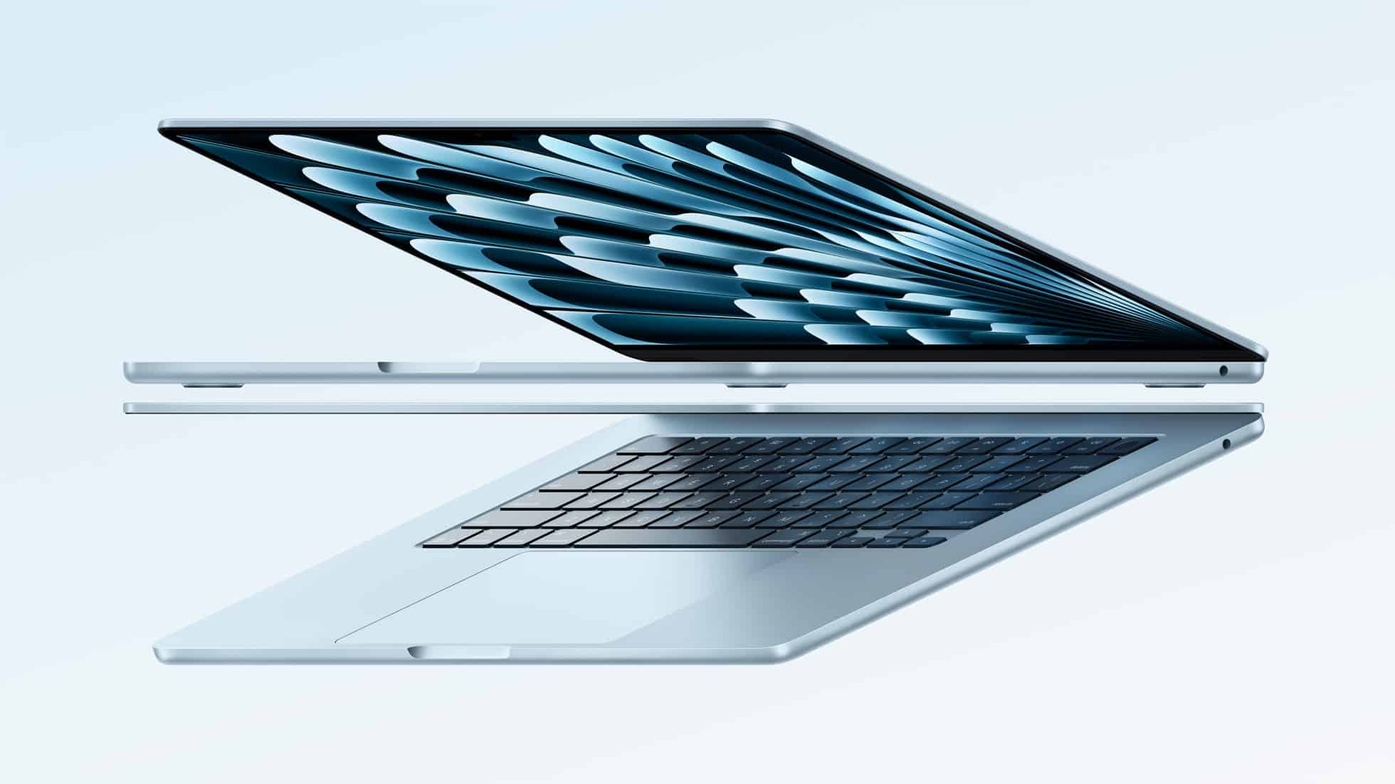 A sleek MacBook Air M4 is shown in two perspectives, slightly angled and partially opened. The screen displays a blue pattern resembling feathers, emphasizing its sky blue design. The visible keyboard complements the thin, modern build set against a light blue background, promising faster performance.