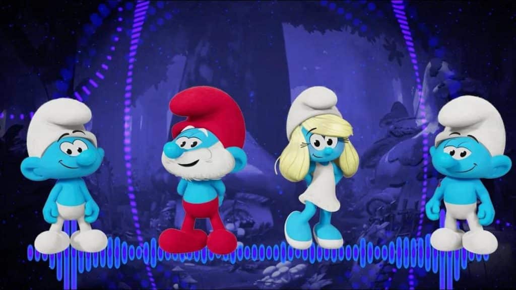 Four Smurfs stand side by side: a smiling Smurf, Papa Smurf with a red hat and beard, Smurfette with blonde hair and a white dress, and another Smurf, all against a dark, glowing forest with purple sound wave graphics.