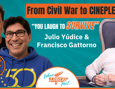 Two smiling men, Julio Yúdice and Francisco Gattorno, stand together on the left with text “From Civil War to CINEPLEX ‘YOU LAUGH TO SURVIVE’.” On the right, a suited man sits in a chair. Circular badge reads “El Salvador’s Biggest Film.” Teal and orange background.