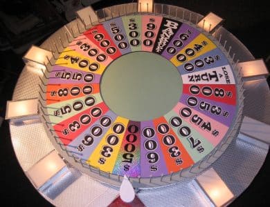 A colorful, top-down view of the iconic Wheel of Fortune game wheel, featuring various cash values, “BANKRUPT,” “LOSE A TURN,” and prize wedges. The wheel is divided into many colored segments with white flaps at regular intervals around the edge.