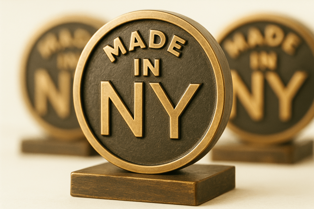 A close-up of a round, bronze Made in NY Awards plaque on a rectangular base, with raised gold letters. Two identical plaques are blurred in the background, all set against a neutral, light-colored backdrop.