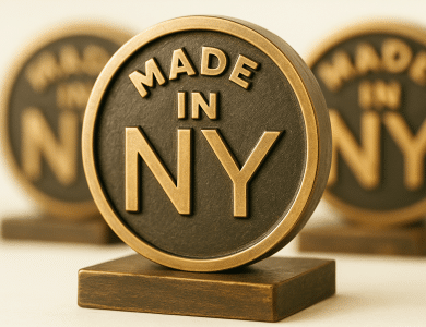 A close-up of a round, bronze Made in NY Awards plaque on a rectangular base, with raised gold letters. Two identical plaques are blurred in the background, all set against a neutral, light-colored backdrop.