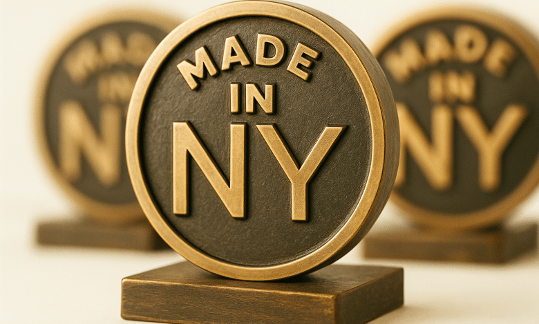 A close-up of a round, bronze Made in NY Awards plaque on a rectangular base, with raised gold letters. Two identical plaques are blurred in the background, all set against a neutral, light-colored backdrop.