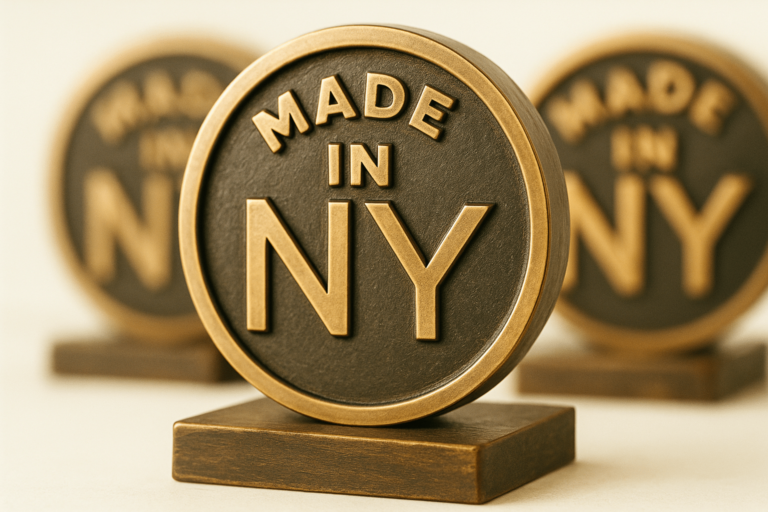 A close-up of a round, bronze Made in NY Awards plaque on a rectangular base, with raised gold letters. Two identical plaques are blurred in the background, all set against a neutral, light-colored backdrop.