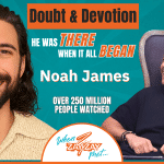 Split-screen image: Left, Noah James of The Chosen smiles, wavy dark hair and beard. Right, a bald man in black laughs while seated. Text: “Doubt & Devotion. He was THERE when it all BEGAN. Over 250 million watched. When Zay Zay Met… THE CHOSEN Last Supper.”.