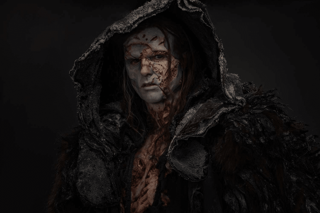 A person with long hair, pale skin, and intense eyes stands against a dark background, wearing a tattered black hooded cloak and fur. Their face and chest are smeared with blood, giving a menacing and eerie appearance.